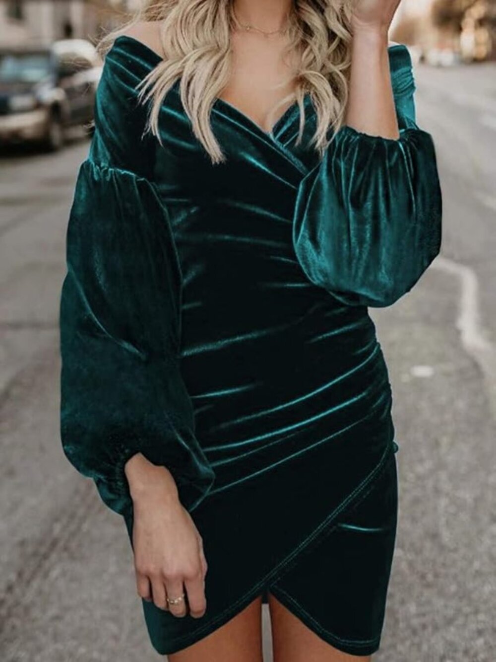 Velvet Wrap Off Shoulder V Neck Mini Dress - SM